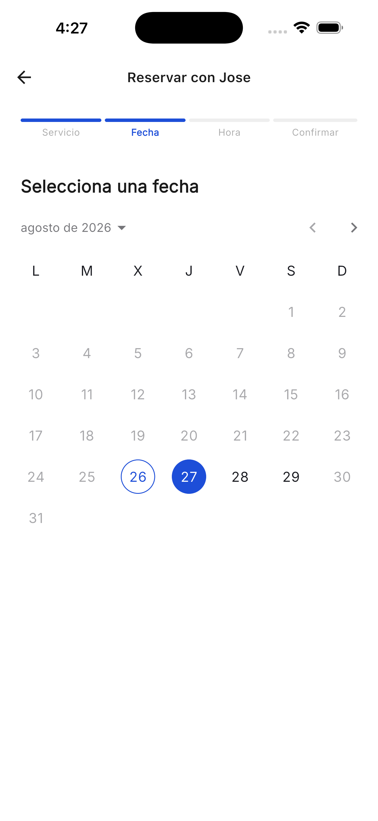Calendario del mes con los días en que el profesional trabaja disponibles y el resto apagados.