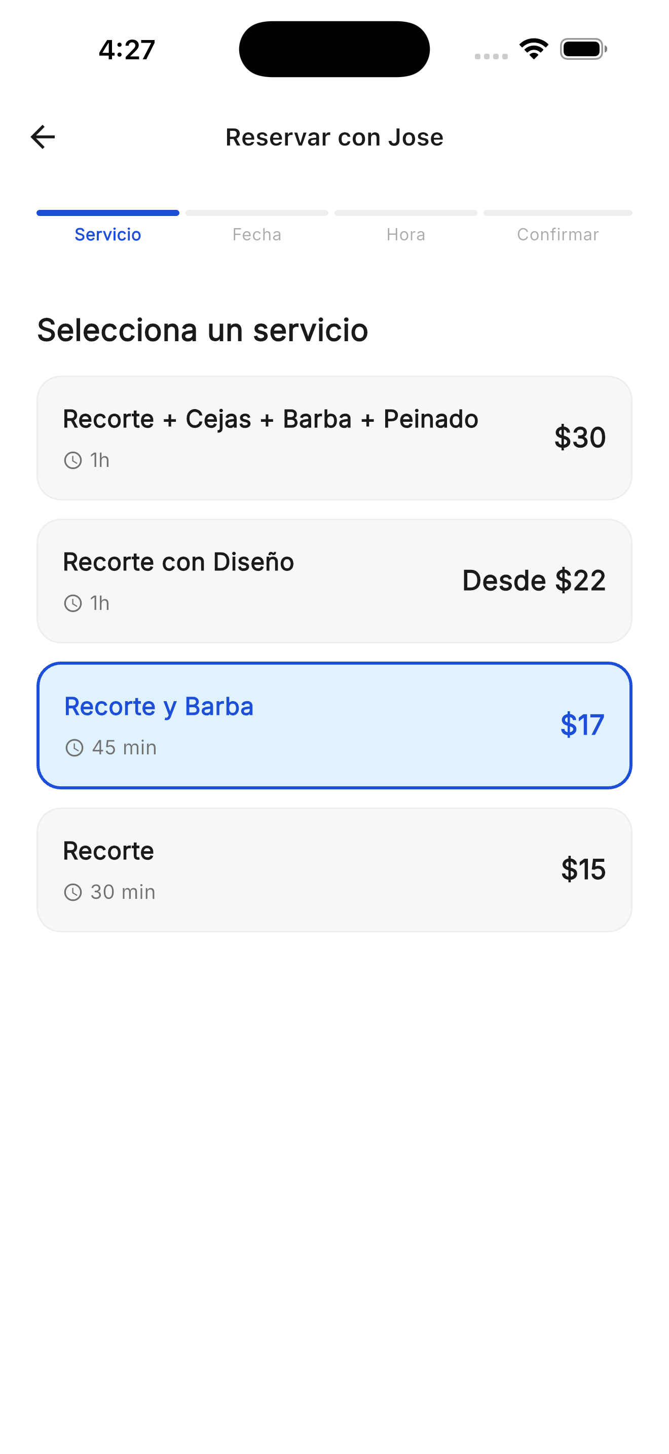 Lista de servicios de un profesional, cada uno con su duración y su precio, y uno de ellos seleccionado.